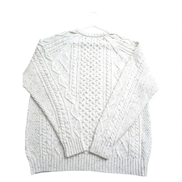 LANDS END Men's Cotton Blend Aran Cable Crew Neck Sweater Large Off White EUC Crewneck